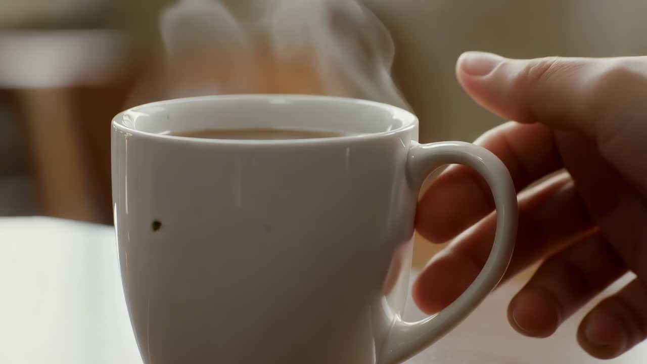 Entrando nell'inquadratura da destra, una mano stringe e sistema una tazza di ceramica bianca sul tavolo, con vapore che sale verso l'alto per essere bevuto