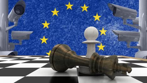 Animation-of-fallen-king-with-pawn-on-chess-board-and-surveillance-cameras-over-europeans-union-flag