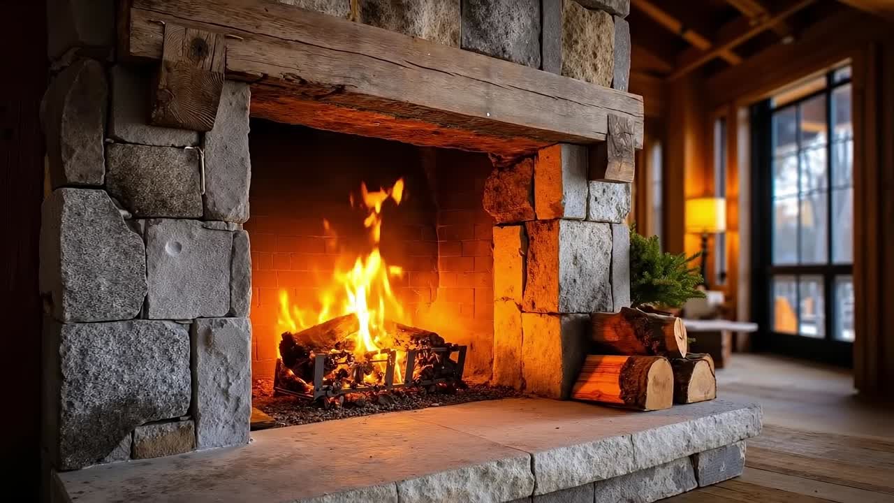 A fireplace with a fire burning in it in a room