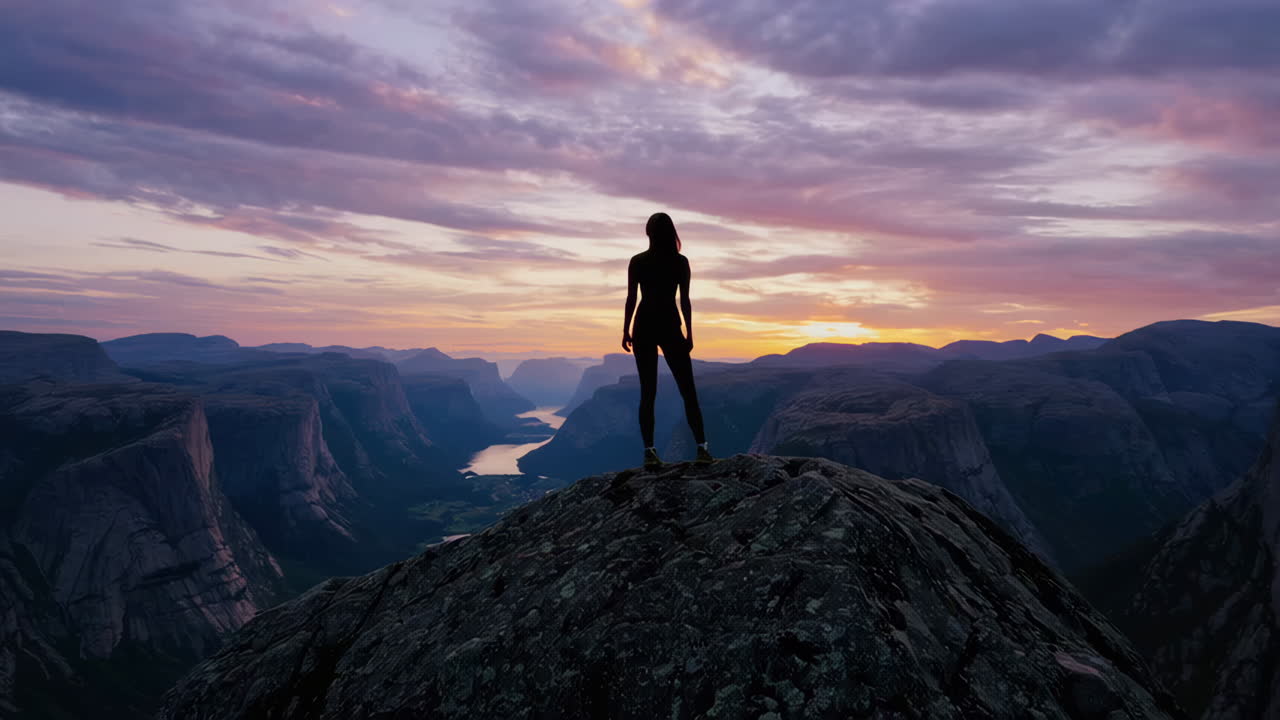 Woman on Mountain Peak at Sunset over Fjord