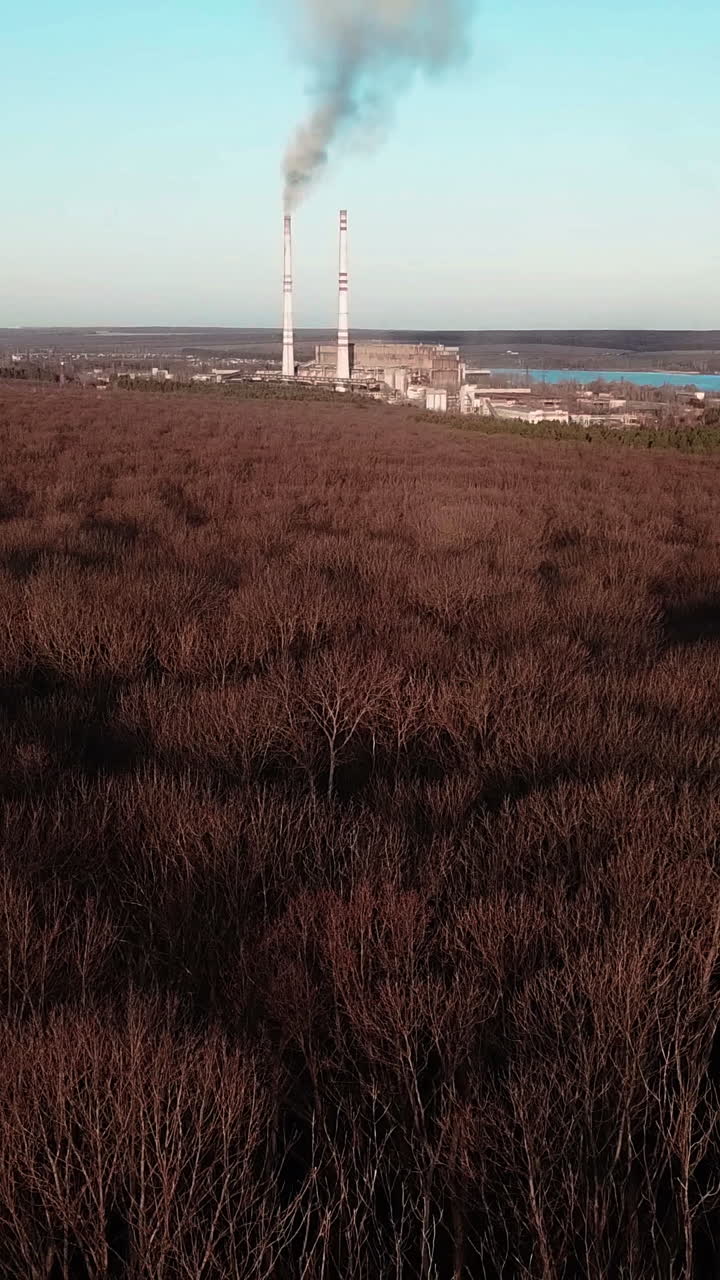 removed view of the autumn forest and power station near the river. Aerial view Vertical video