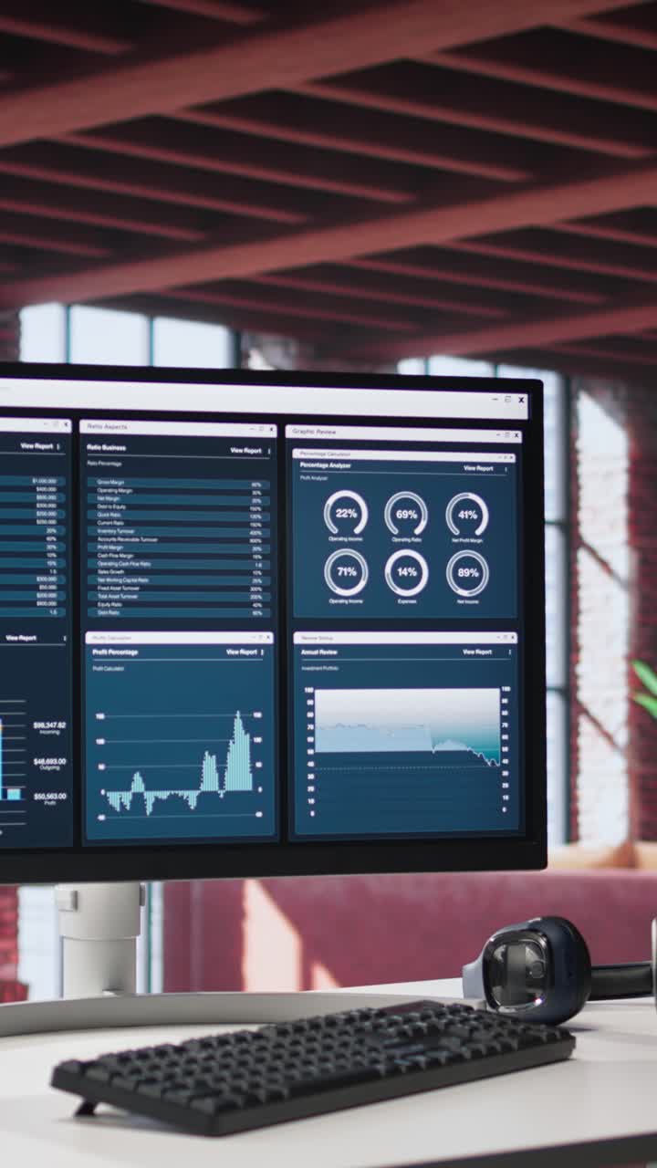 Vertical Video Desktop PC on the wooden desk showcases infographics and client reach data