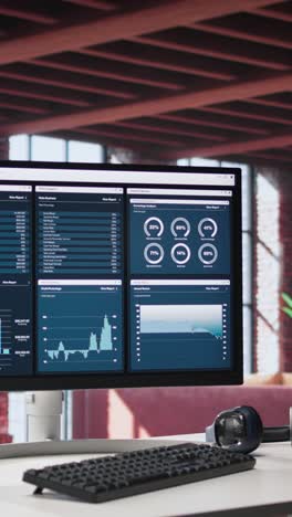 Vertical Video Desktop PC on the wooden desk showcases infographics and client reach data