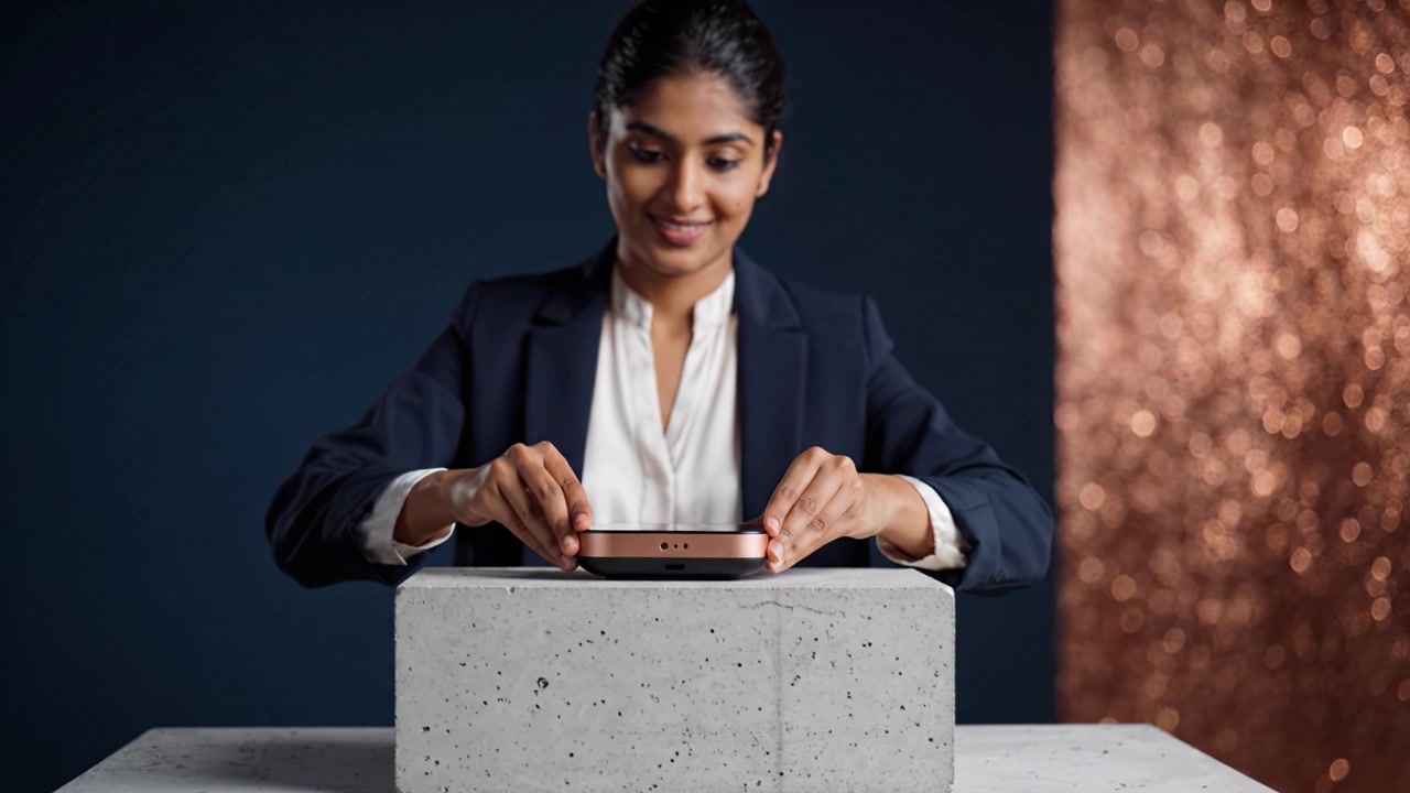 A confident woman interacts with a sleek metallic device on a concrete pedestal, elegantly showcasing a blend of modern design and professional demeanor.