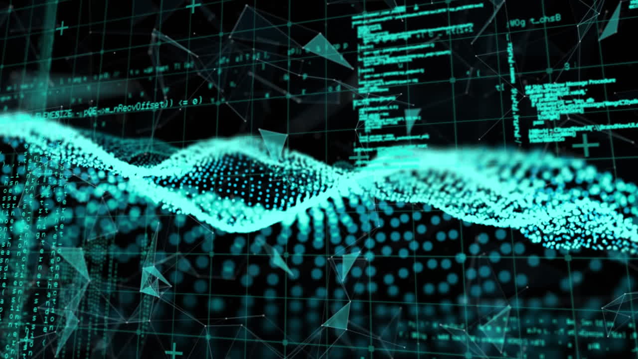 녹색 반점이 있는 추상적인 파동망 위의 데이터 처리의 애니메이션