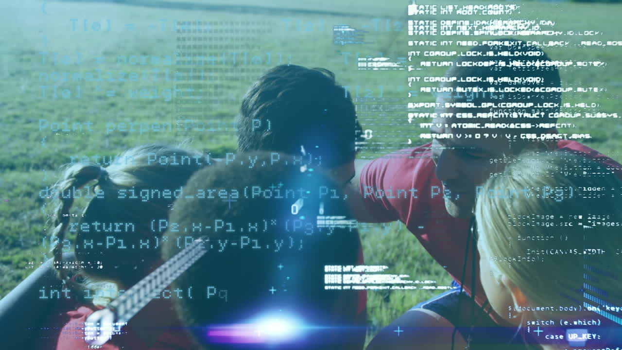 Data processing against male coach with group of kids stacking hands