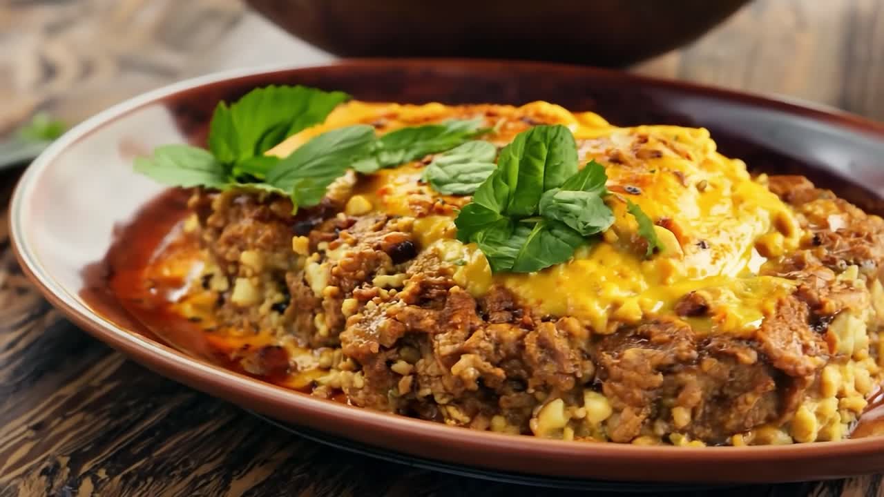 un primer plano de un delicioso plato con una salsa amarilla cremosa y hierbas