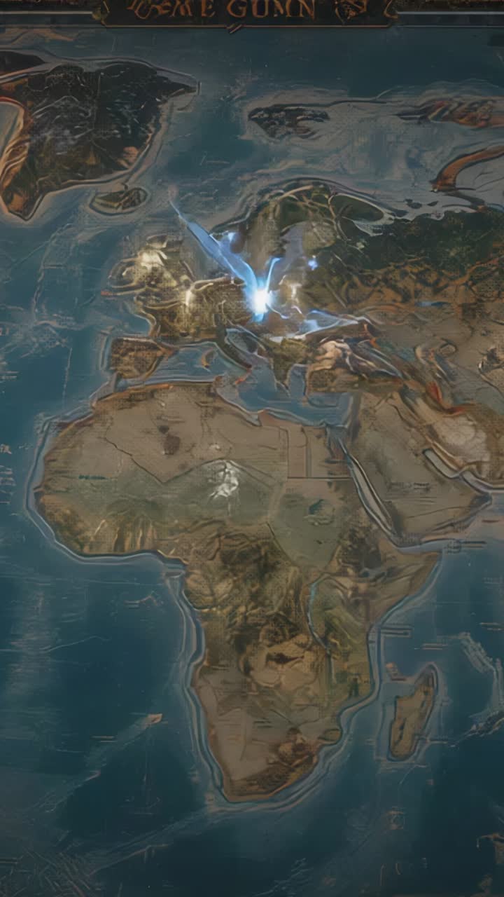 Vertical video: Following pause azure beam intensifying over world map, highlighting central Europe