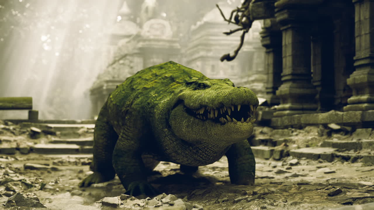 Large crocodile exploring ancient ruins in a misty jungle environment