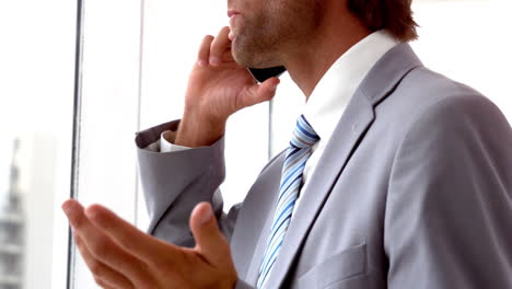 Handsome-businessman-looking-out-window-talking-on-phone