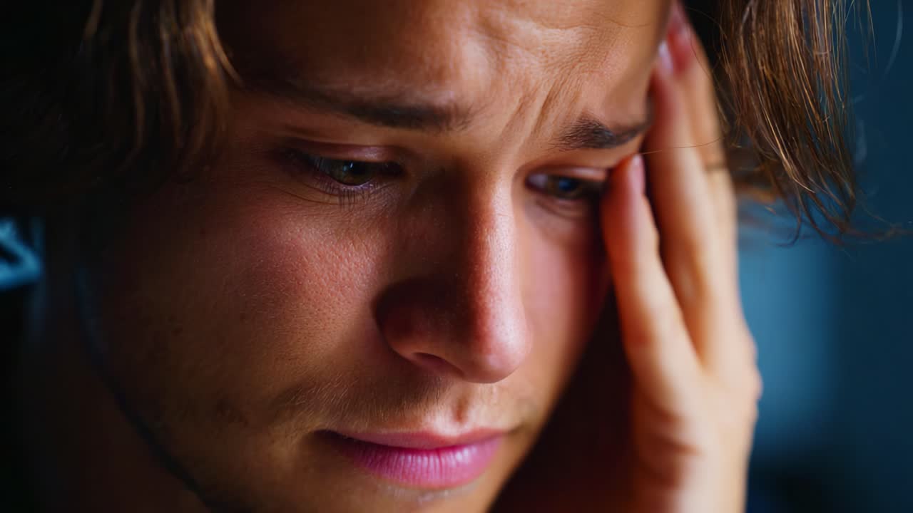 Um jovem demonstrando angústia emocional e vulnerabilidade, imerso em pensamentos com a mão na testa, capturado em um momento de contemplação e preocupação