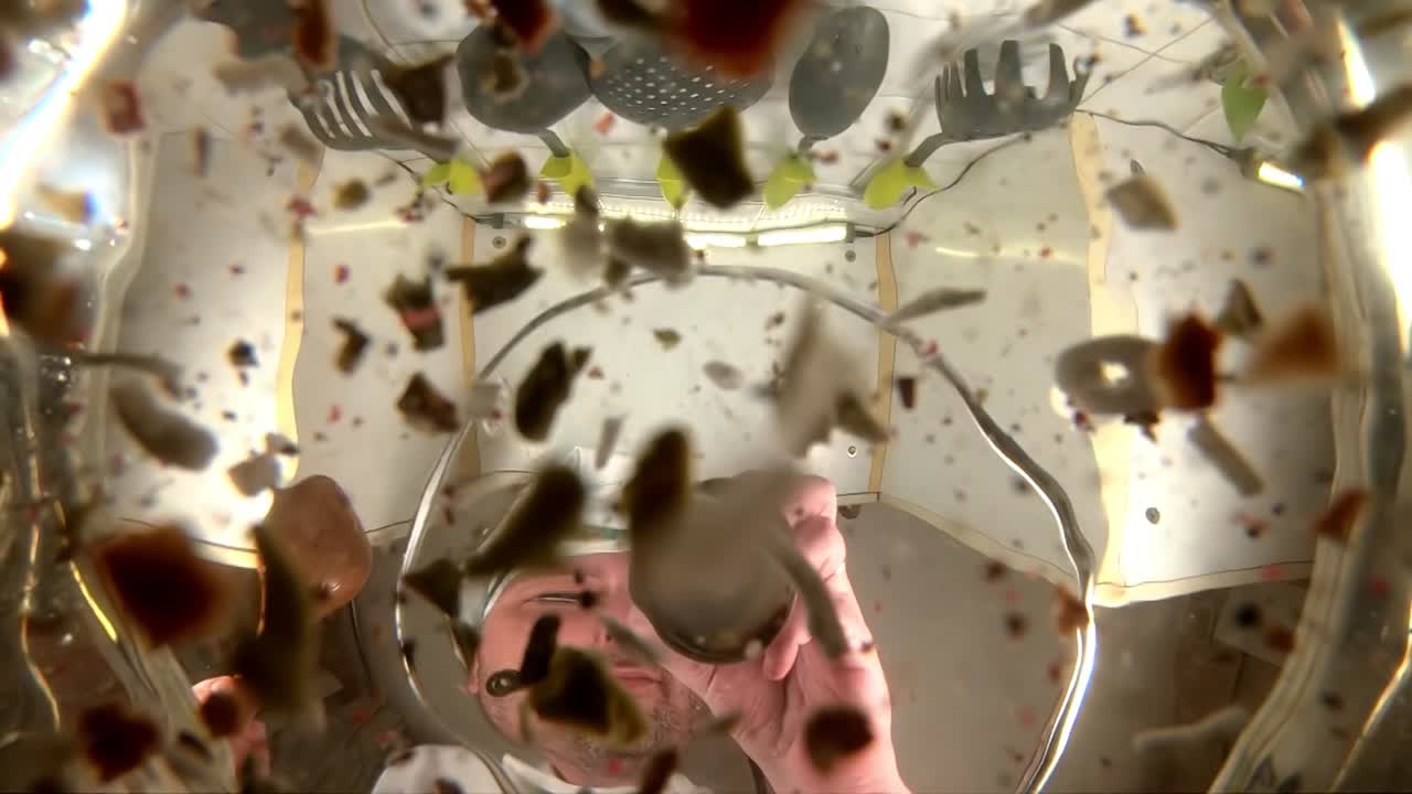 el chef prepara caldo de verduras, el chef añade especias a la sopa, la vista desde la sartén en cámara lenta.