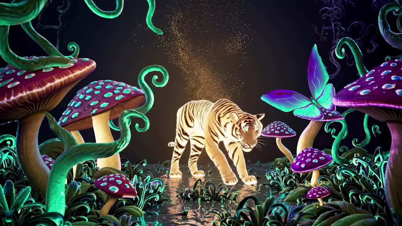 A mystical, dreamlike video scene with a low-angle view of a glowing tiger in a neon-lit forest