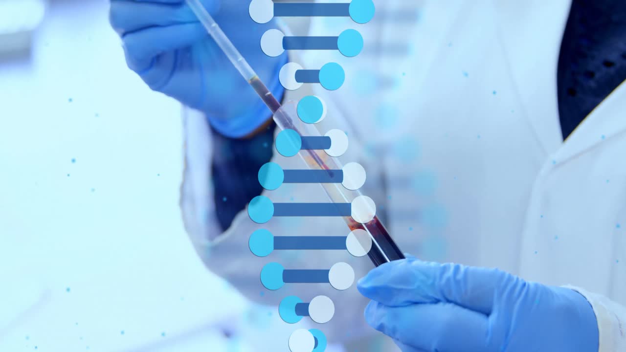 Animation of dna strand over scientist with test tube