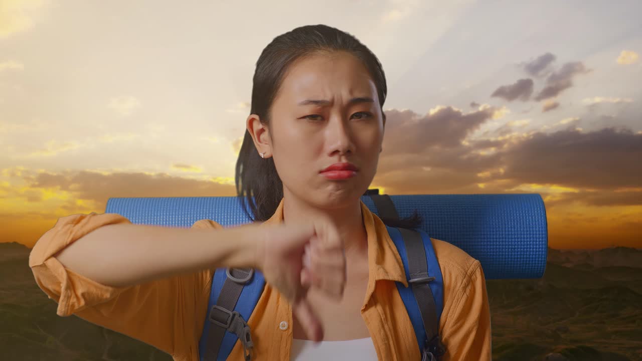 Close Up Of Asian Female Hiker With Mountaineering Backpack Showing Thumbs Down Gesture While Standing On The Top Of Mountain During Sunset Time