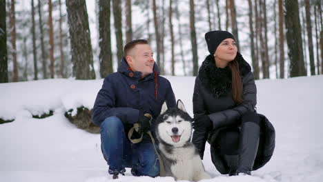 beautiful family, a man and a girl in winter forest with dog. play with the dog siberian husky.