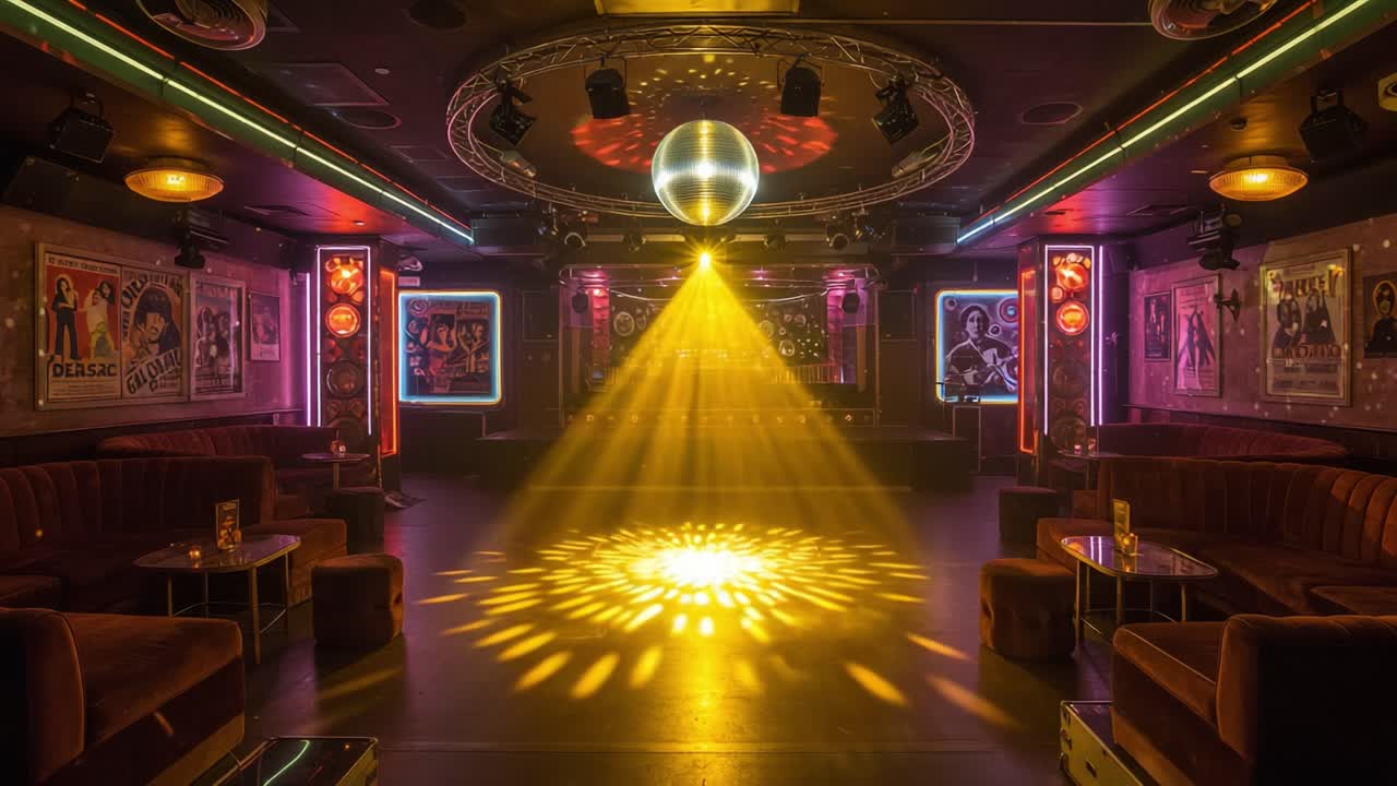 An Elegant Disco Interior with a Shimmering Mirror Ball and Dramatic Lighting Creating a Vibrant Atmosphere for Music and Dance Enthusiasts to Enjoy
