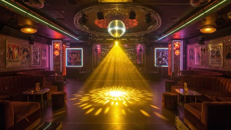 an elegant disco interior with a shimmering mirror ball and dramatic lighting creating a vibrant atmosphere for music and dance enthusiasts to enjoy