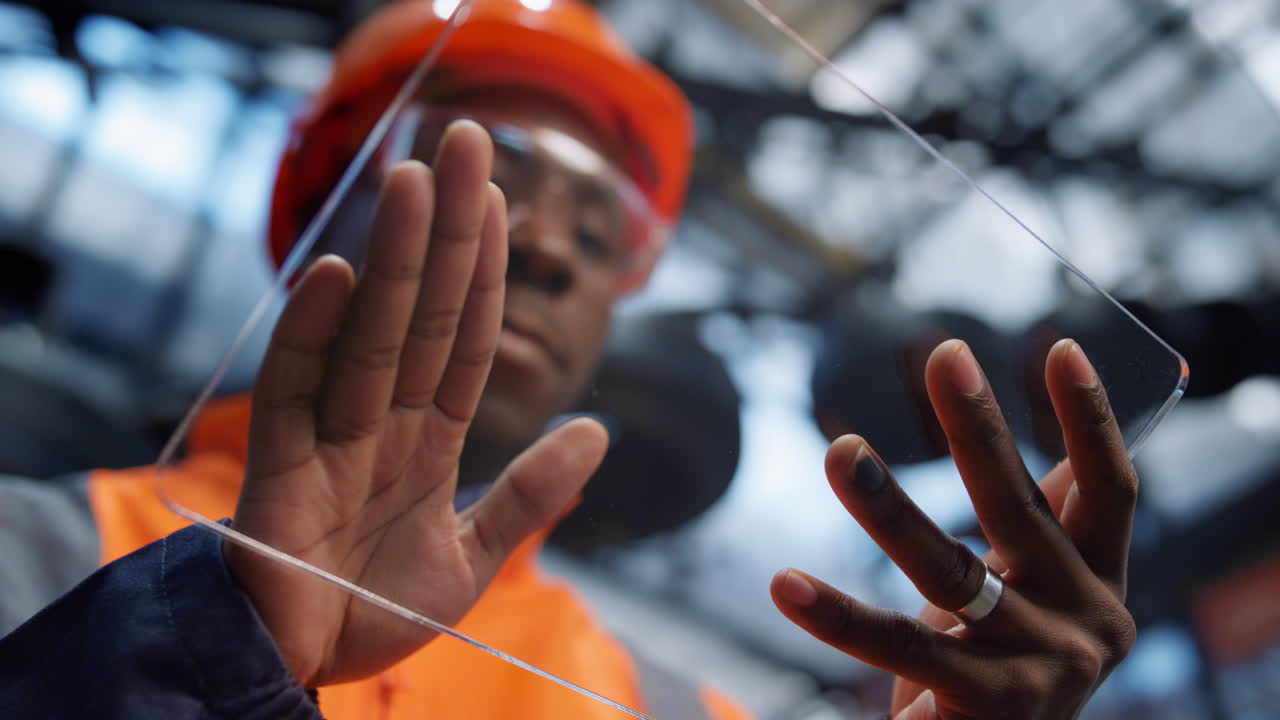 Closeup analyst tapping transparent tablet screen work industrial factory