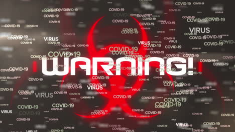 animation of multiple covid 19 text over warning sing on dark background