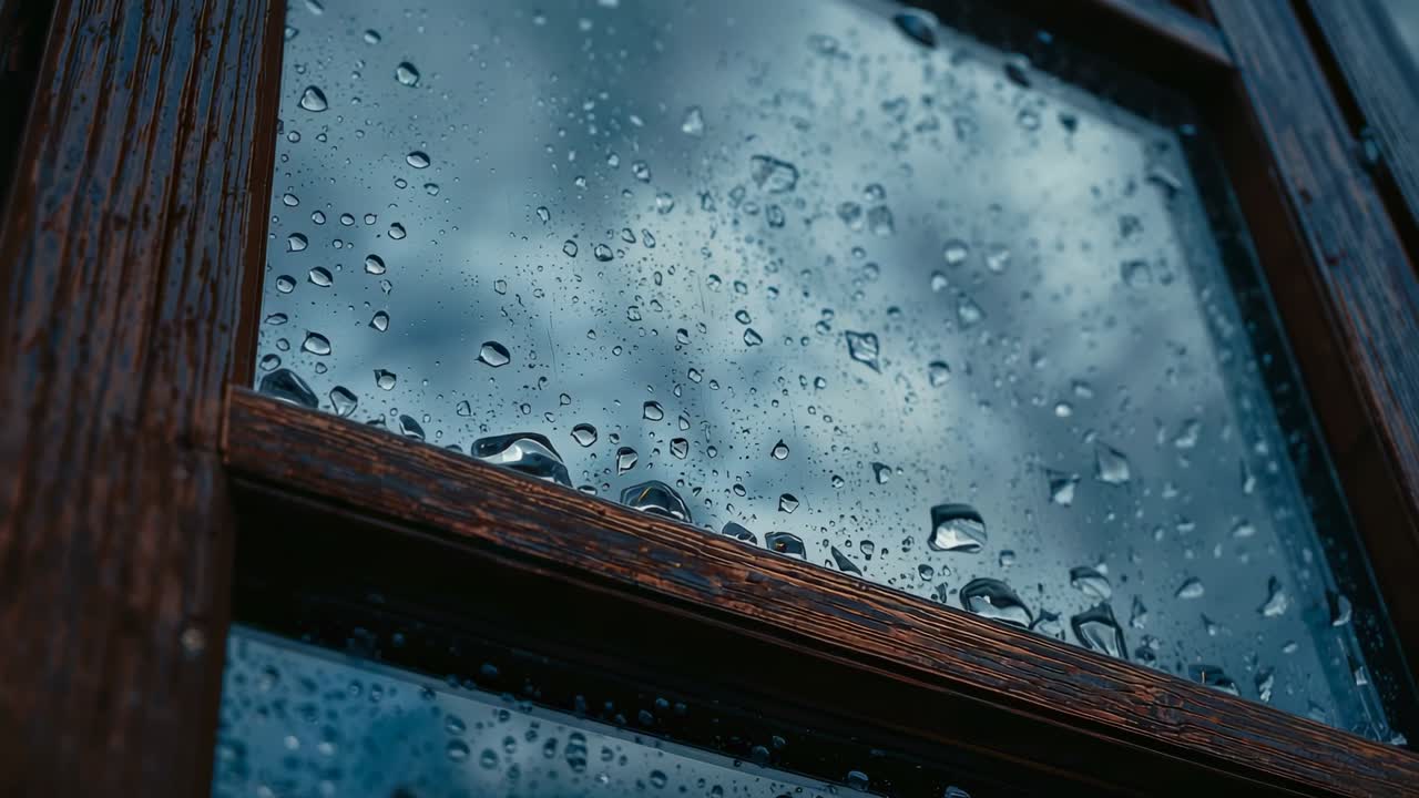 Raindrops hitting wood window pane, merging, sliding and dripping at home, cloudy sky