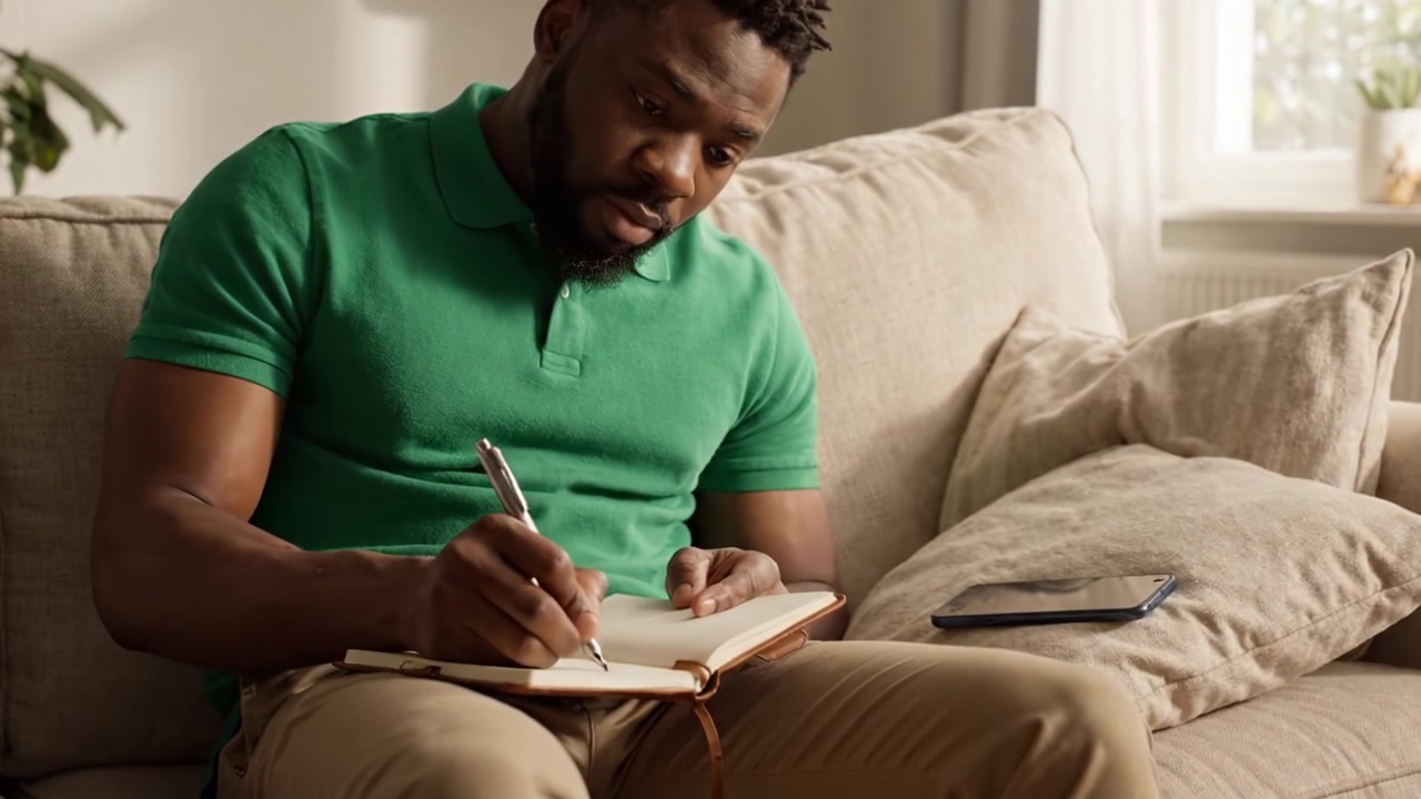 A focused individual in a green polo shirt sits comfortably on a sofa, engaged in reflection as he writes in a notebook and checks his phone, capturing a moment of contemplation.