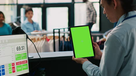 Worker-looking-at-green-screen-tablet