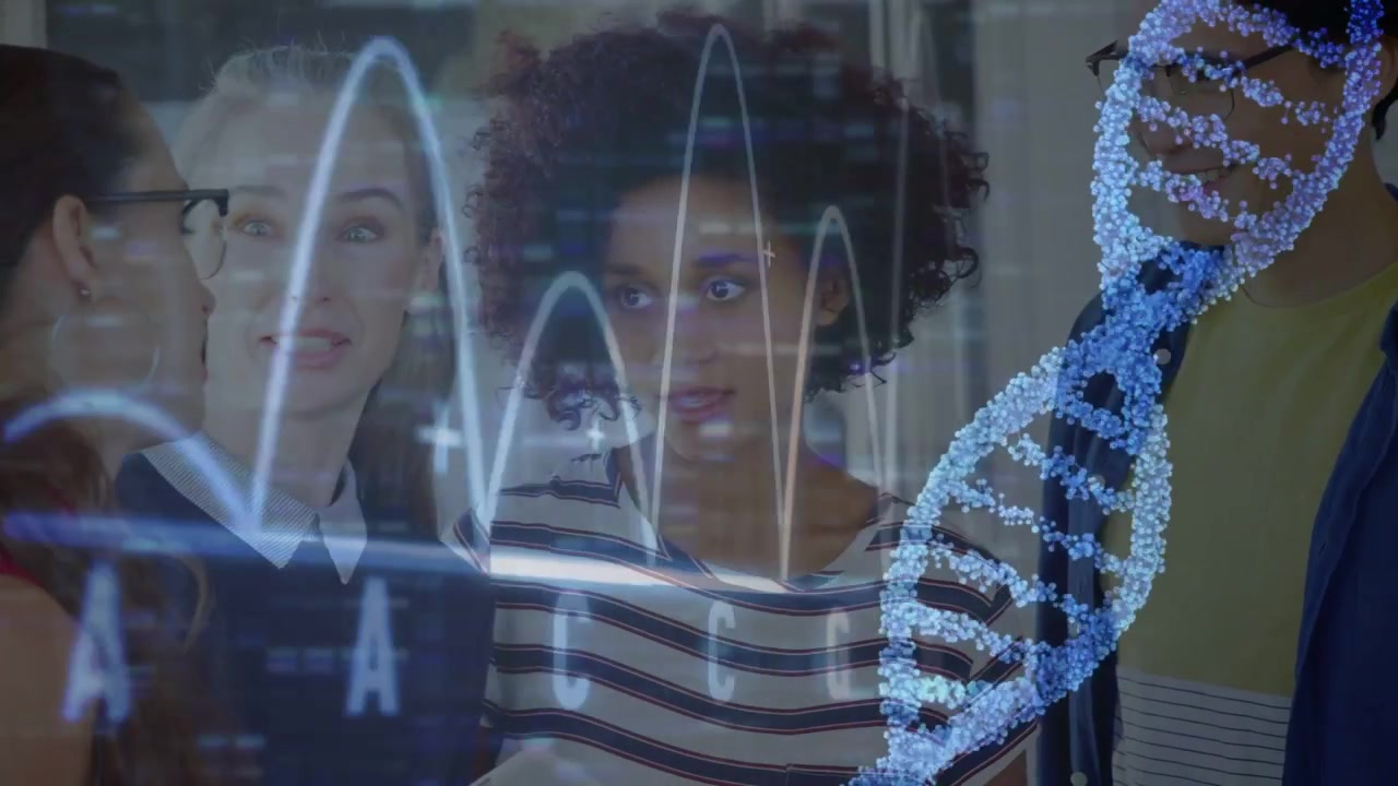 Team lead holding tablet guiding peer pointing starting genetic review, DNA helix GCAT wave over it