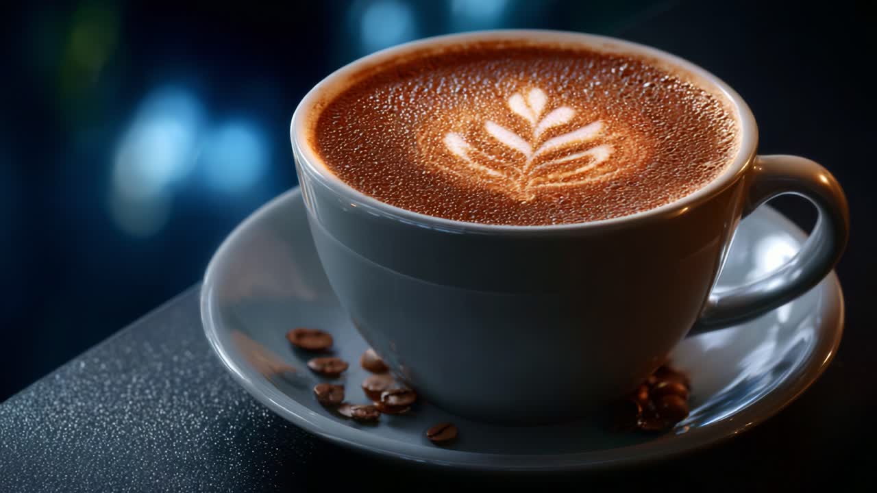 En smukt udformet kop kaffe med latte art, der viser indviklet design og flotte farver, perfekt til både kaffeelskere og feinschmeckere