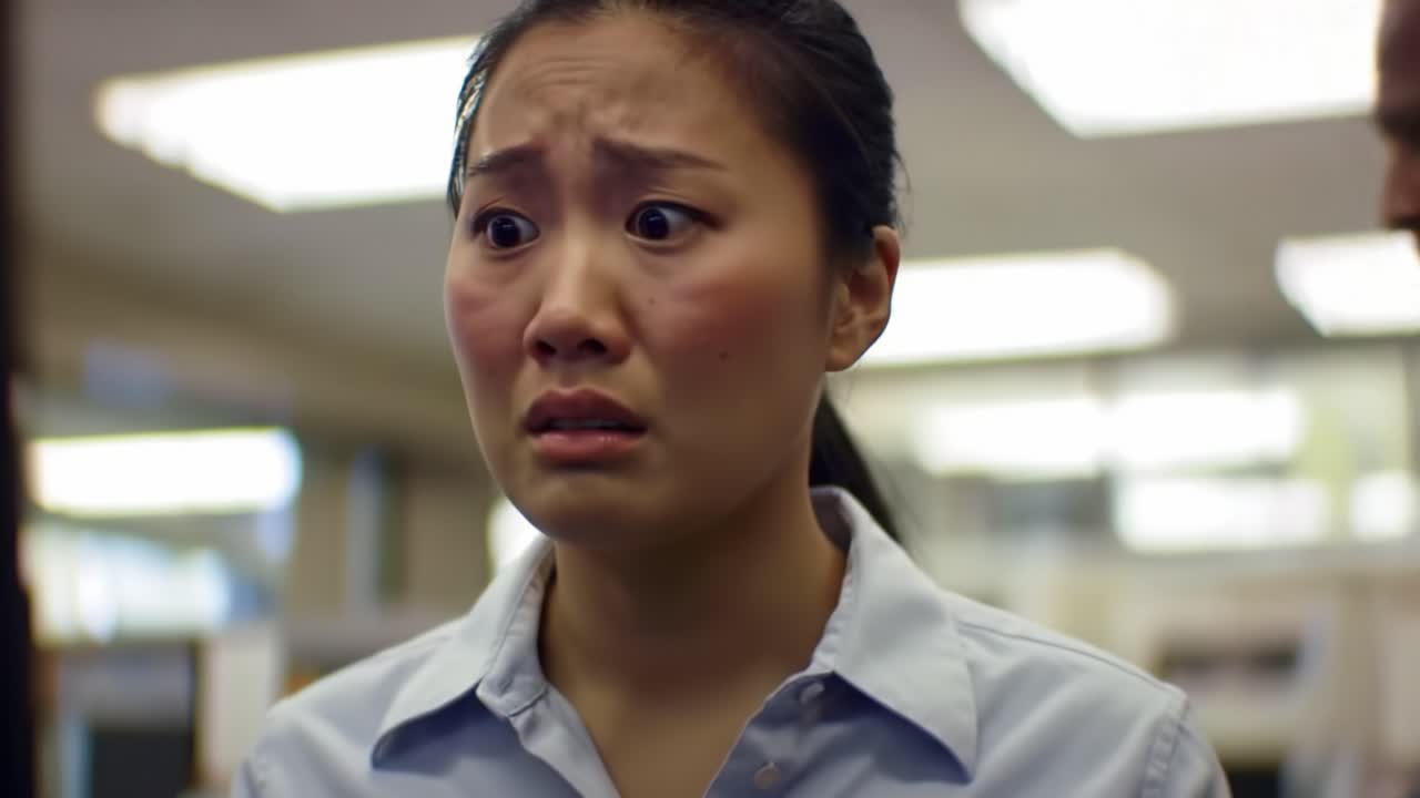 An employee appears distressed in her workspace, showing concern and worry amidst a bustling office environment during the day. Her expression reflects a challenging situation.