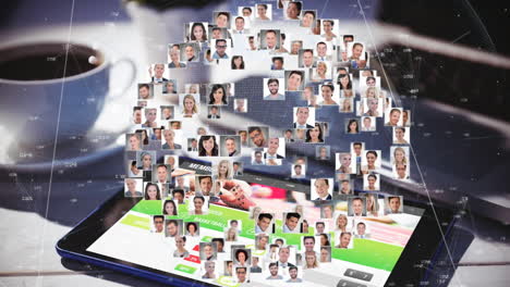 social network connections animation over diverse people displayed on tablet screen