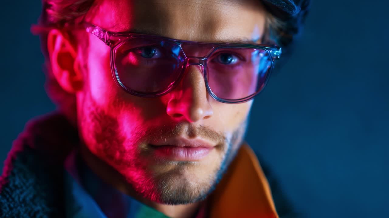 Stilfuldt portræt af en ung mand med farverige solbriller, et smart look og levende farver, der fanger moderne æstetik og trendy vibes