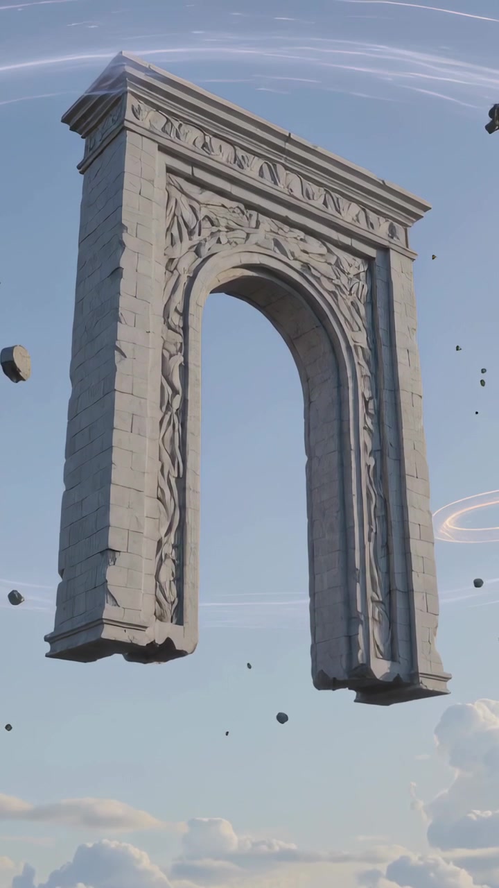 Video verticale: Arco in pietra intagliato a vite che ruota, reagendo a un anello tirato, sopra le nuvole, con rocce in orbita.