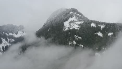 orbiting aerial view of a snow capped mountain in snoqualmie pass