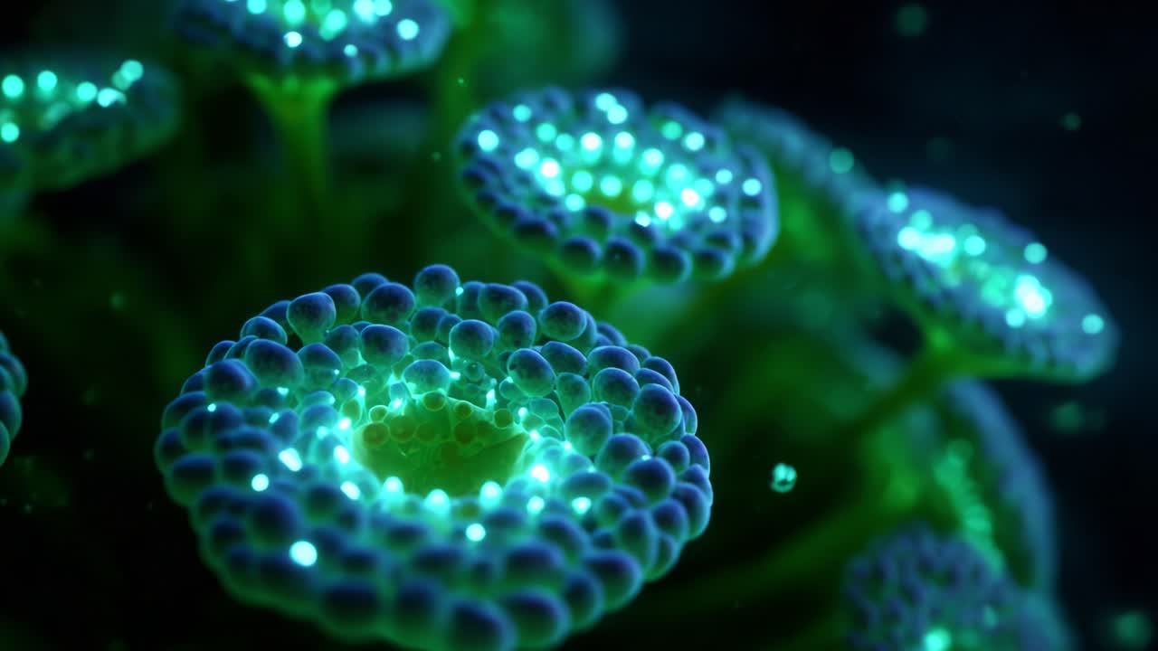A Close-Up Exploration of Bioluminescent Flora: Captivating Patterns and Iridescent Colors Revealed in Two Frames Featuring Vibrant Green Glow and Intricate Structures of Underwater Organisms
