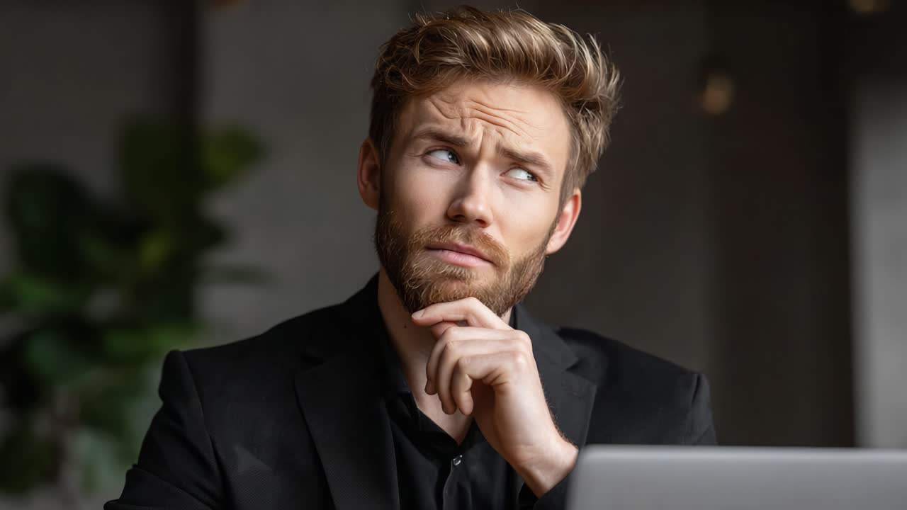A Thoughtful Young Man in Business Attire Contemplates Ideas While Seated at a Desk, Showcasing a Pensive Expression and Engaging Presence in a Modern Workspace Environment