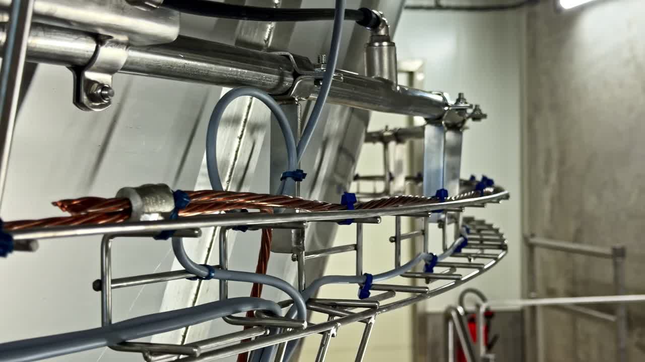 Interior Pabrik Industri dengan Pipa Baja Tahan Karat dan Peralatan Pemrosesan.