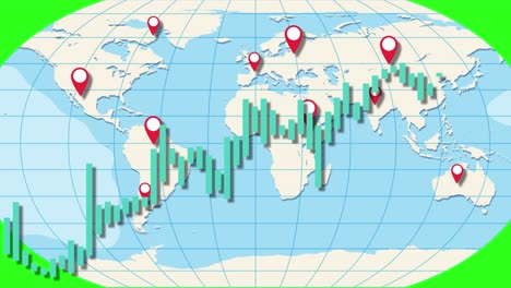 animated world map with rising green candlestick graphs and location markers, illustrating global financial growth over 10 seconds