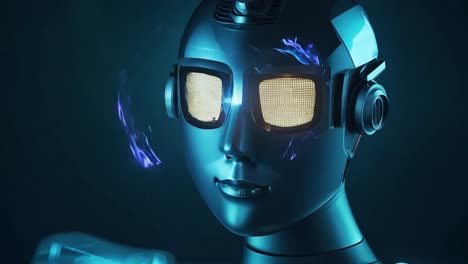 close-up of a robot's head with glowing eyes