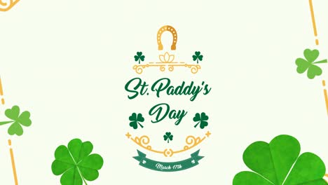 Animation-of-st-paddy's-day,-horseshoe-and-clover-leaves-on-white-background