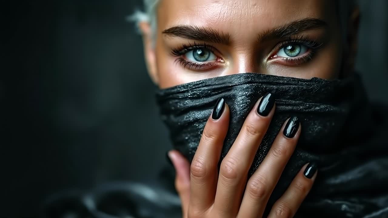 A woman with blue eyes and a black mask covering her face
