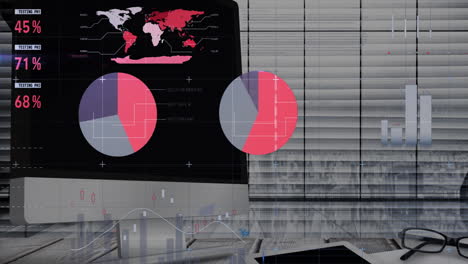 Animación-De-Análisis-De-Datos-Financieros-En-La-Pantalla-De-Una-Computadora-Con-Gráfico-Circular-Y-Mapa-Del-Mundo