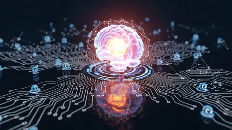 A Stunning Visualization of an Artificial Intelligence Brain Surrounded by Network Connections and Data Nodes, Symbolizing the Power of Technology and Innovation
