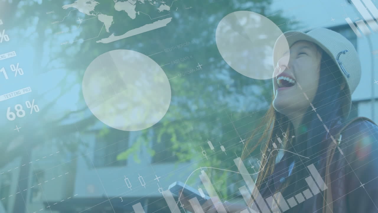 Using smartphone with animation of digital data and world map, woman smiling