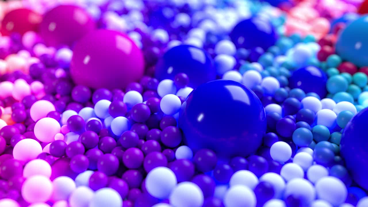 composición de luz con bolas coloridas que cubren la superficie, algunas de las cuales brillan. 3d en 4k fondo abstracto con animación fluida de esferas con profundidad de campo