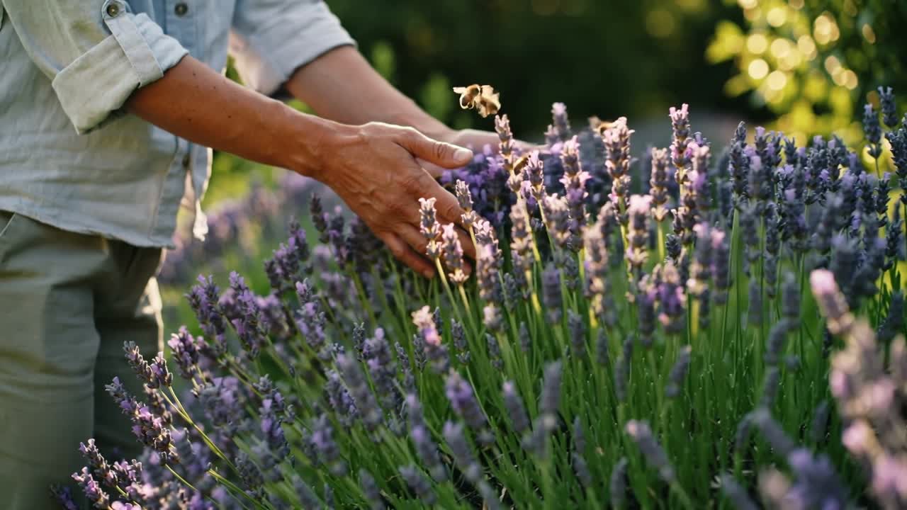 Mani con maniche arrotolate che passano attraverso la lavanda in un appezzamento assolato, facendo scappare le api intente a raccogliere.