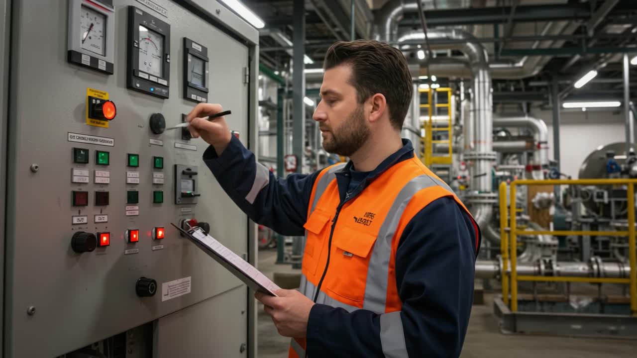 A technician in safety gear diligently monitors and operates machinery controls in an industrial setting, ensuring smooth operations and safety compliance