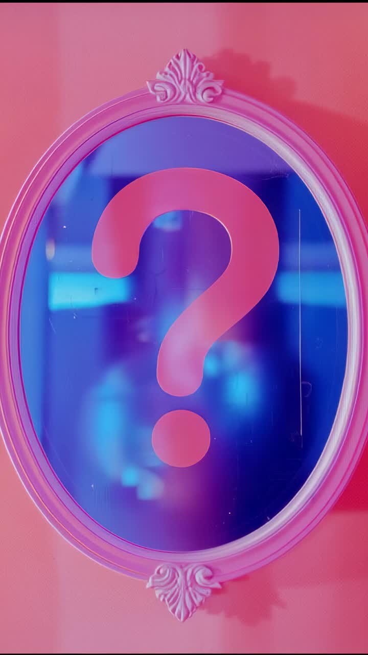Vertical video: Reflecting mirror as cyan light shifting on pink wall, question mark teasing reveal