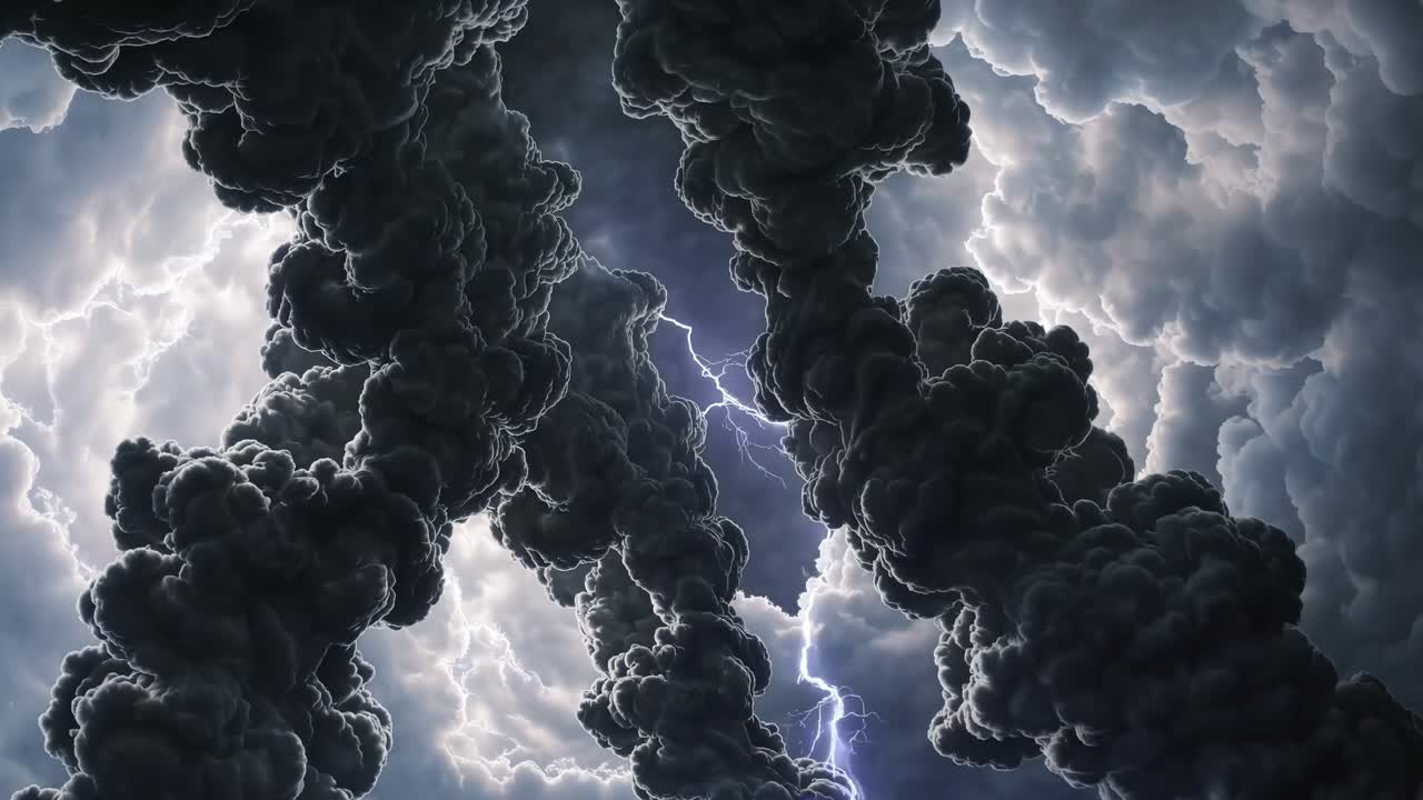 Dramatic storm clouds with smoke and lightning