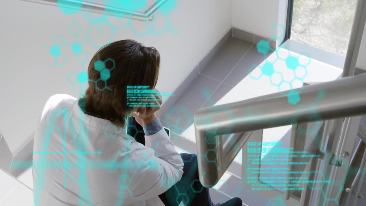 Male scientist leaning on tiled stairs, exploring cyan molecular data within science lab interface